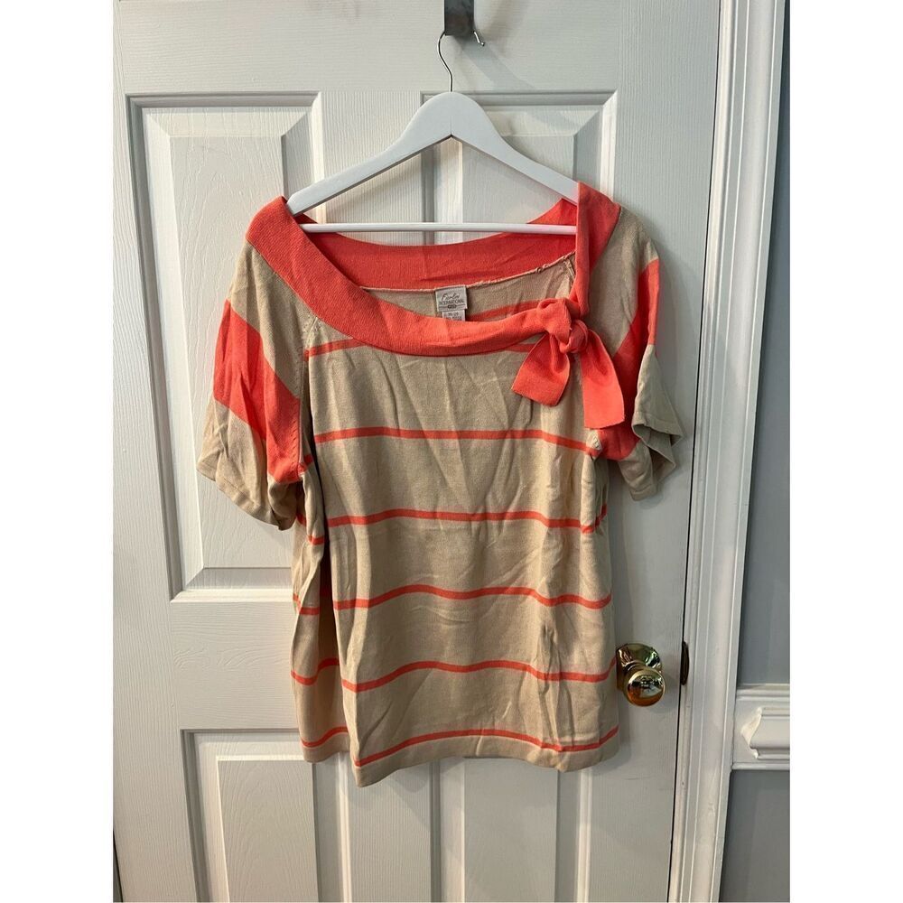 Fiorlini International Tan & Peach Stripe Bow Collar Sweater sz 18/20 EUC